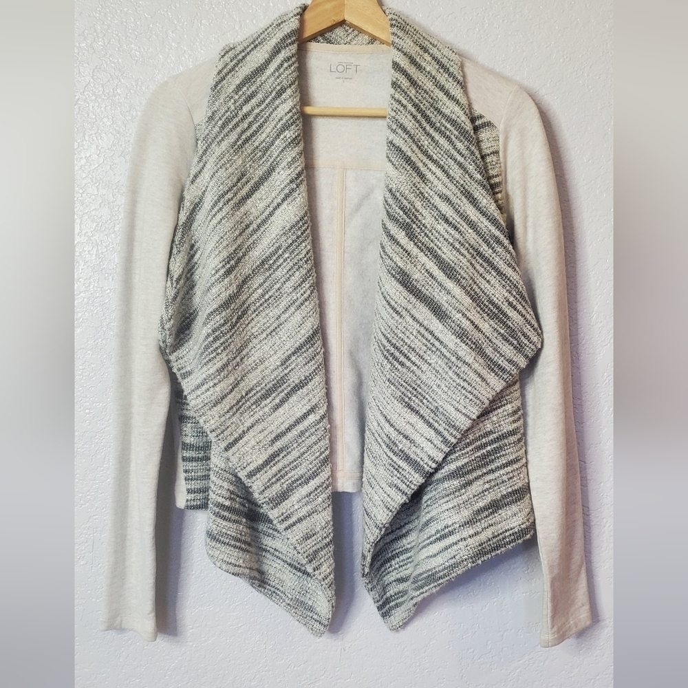 LOFT Cream & Gray Neutral Open Front Fitted Woven Knit Cardigan Sweater Sz Small